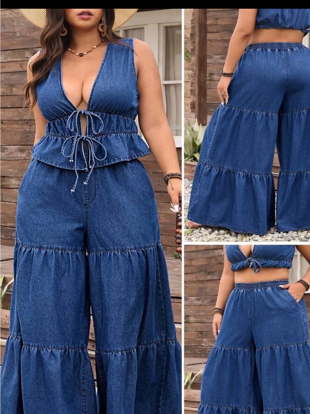 Plus Size Tiered Wide Leg Jeans and cute cropped vest set